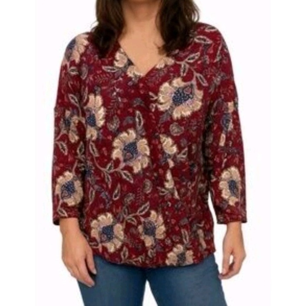 Chenault Floral Faux Wrap Blouse‎ Burgundy Multicolor Sz L NWT